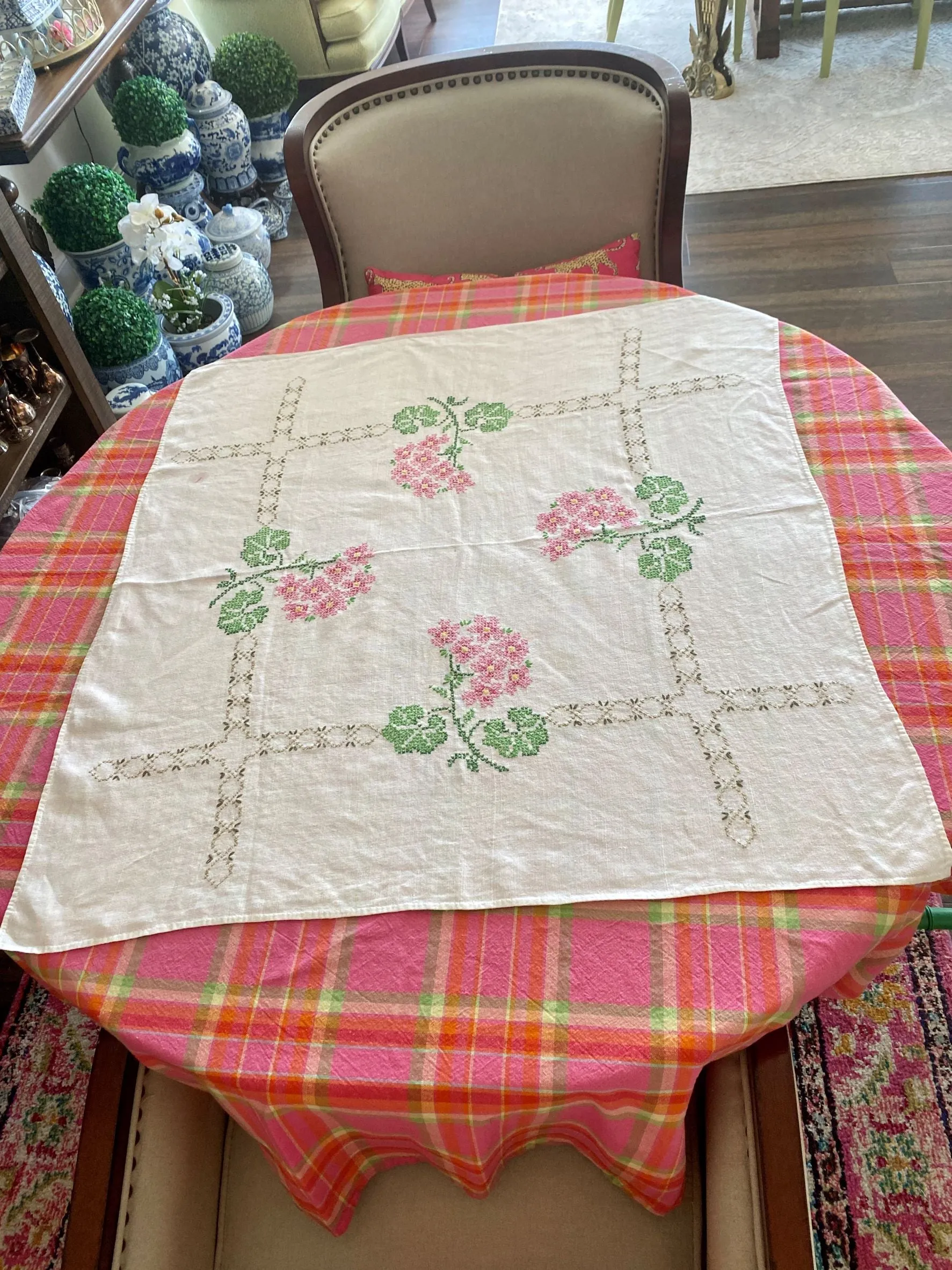 Vintage Linens -  Cross Stitch Tablecloth and four of Napkins