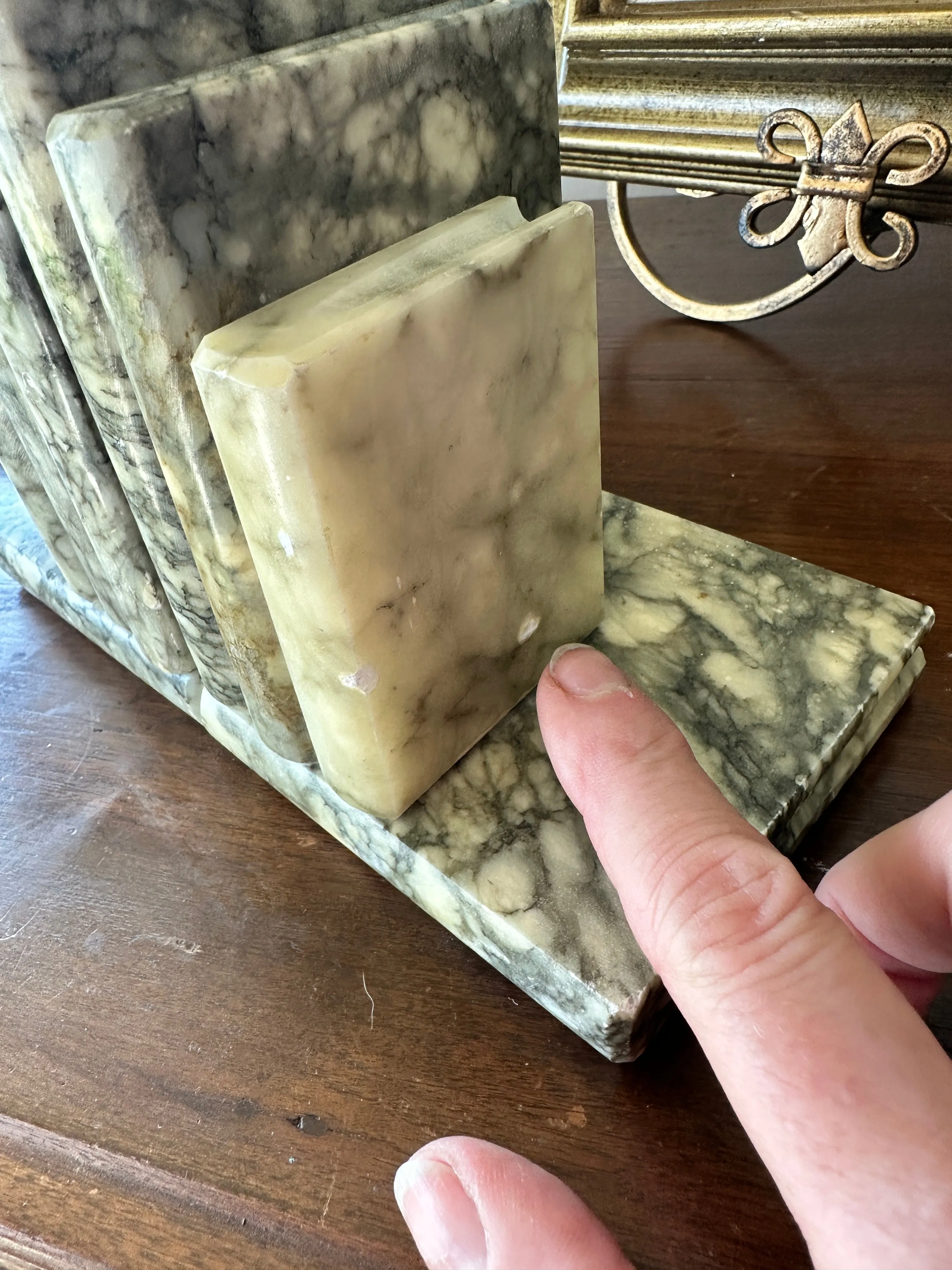 Vintage Marble Bookends, Books Stacked