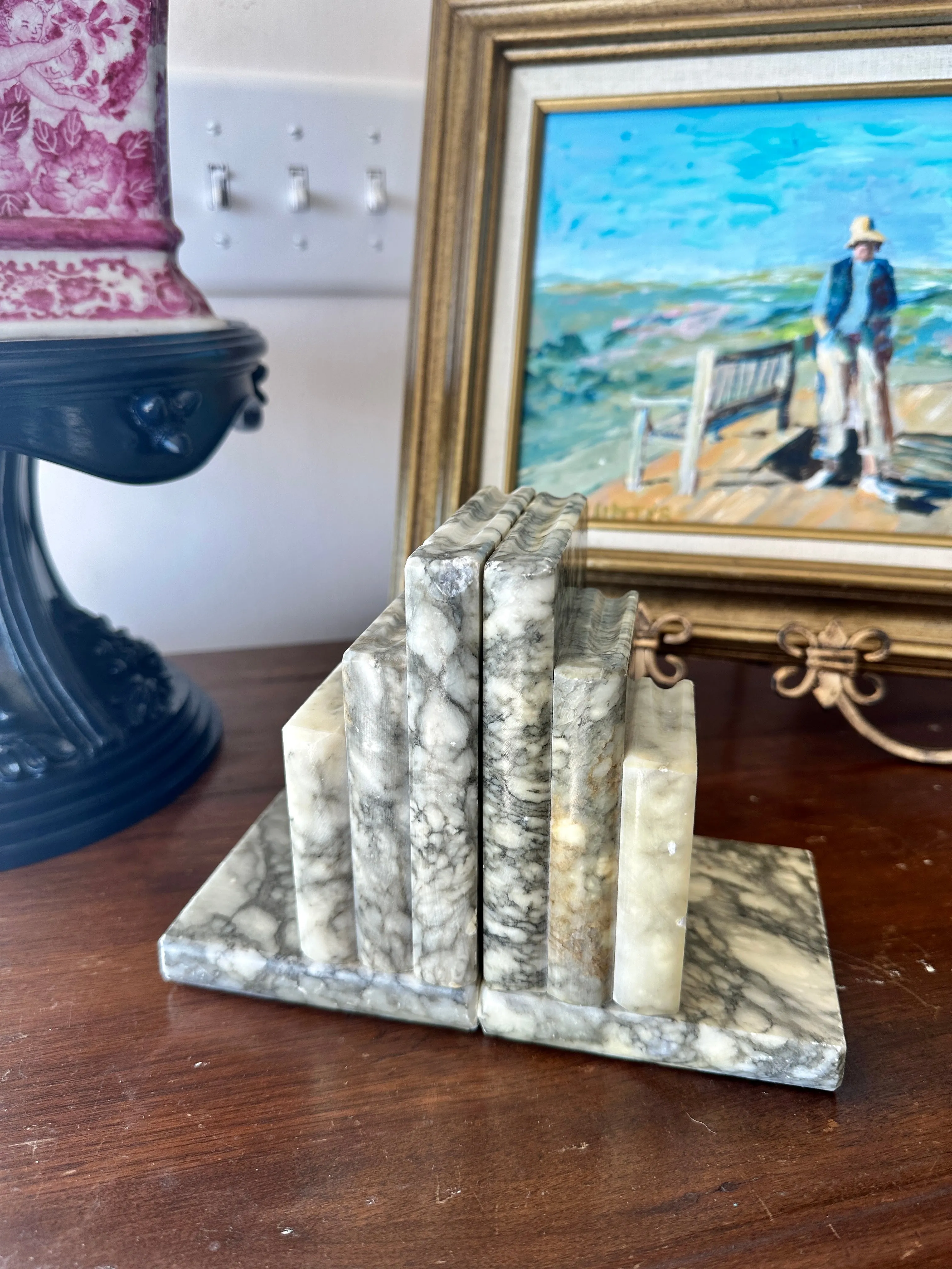 Vintage Marble Bookends, Books Stacked