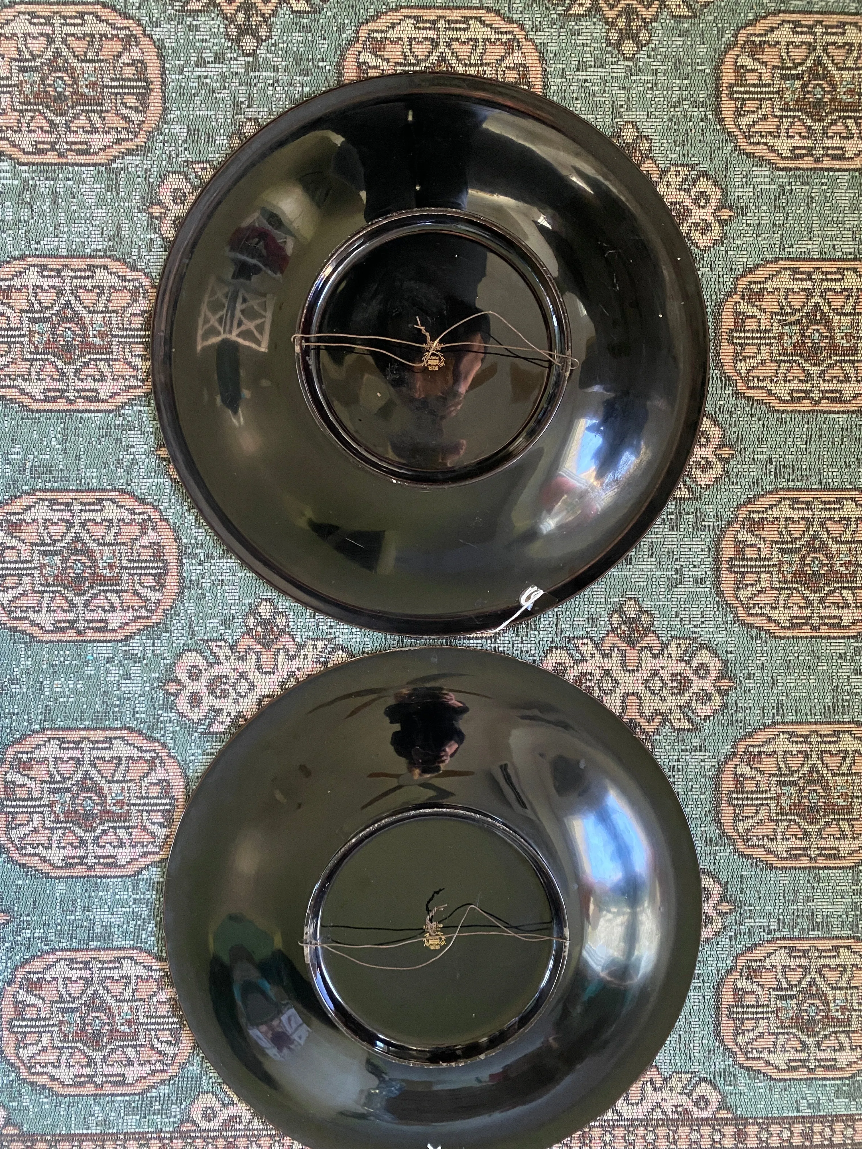 Vintage Maruni Japan Metal Black Lacquer Plate Abalone Inlay Chinoiserie Scene