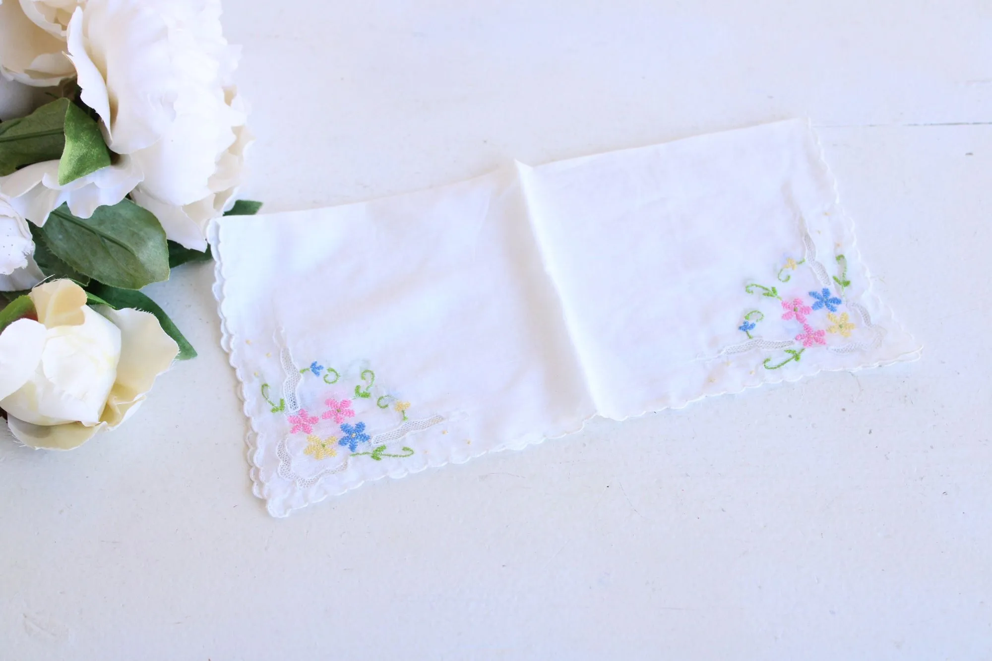 Vintage Pink Blue and Yellow Flower Embroidery on White Cotton Hankie