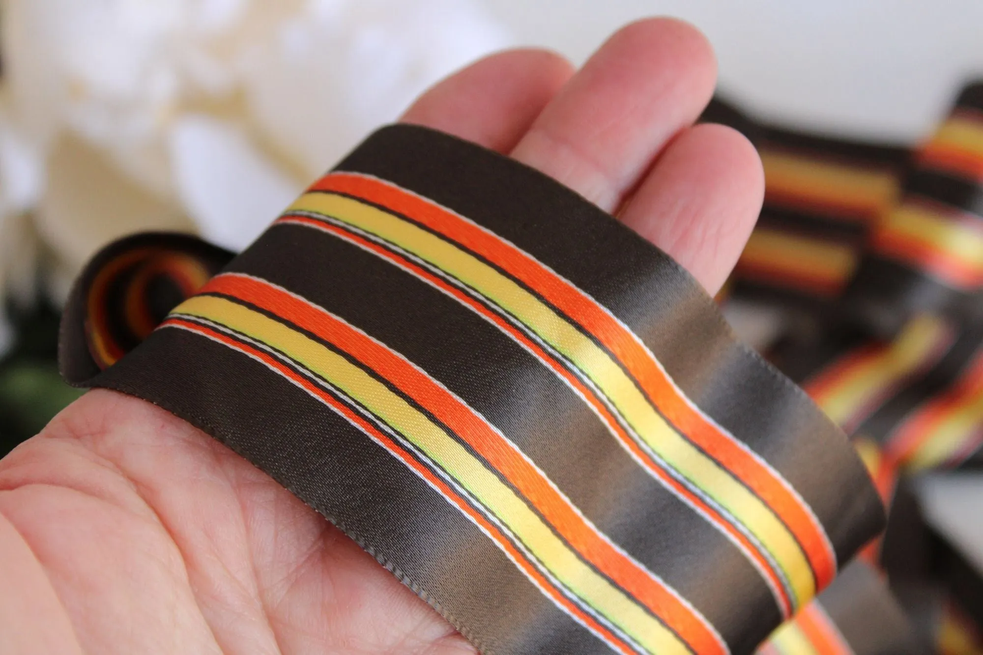 Vintage  Ribbon Trim, Brown, Orange Yellow Striped, 3 yards long, 2 Inch Wide