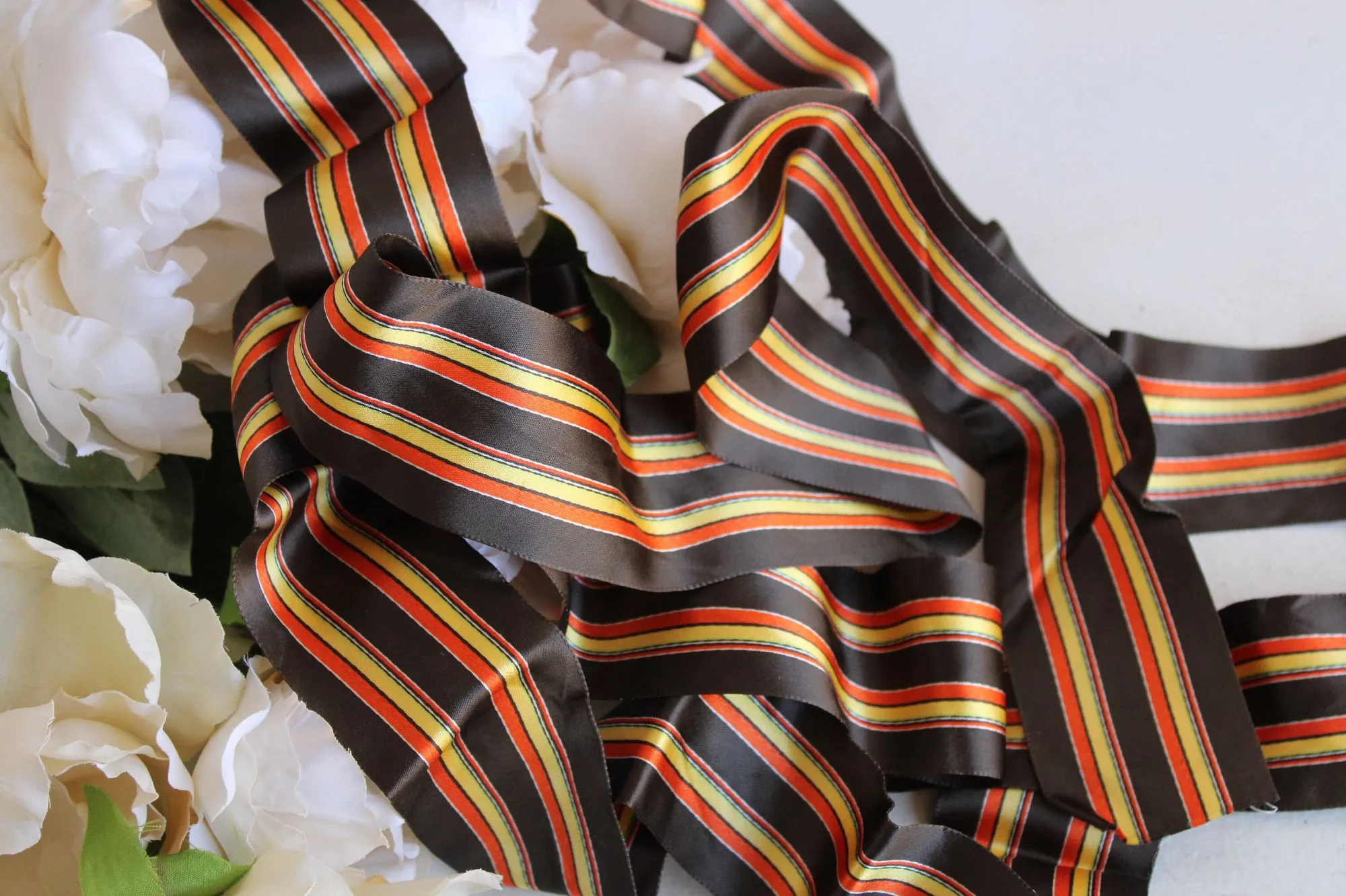 Vintage  Ribbon Trim, Brown, Orange Yellow Striped, 3 yards long, 2 Inch Wide