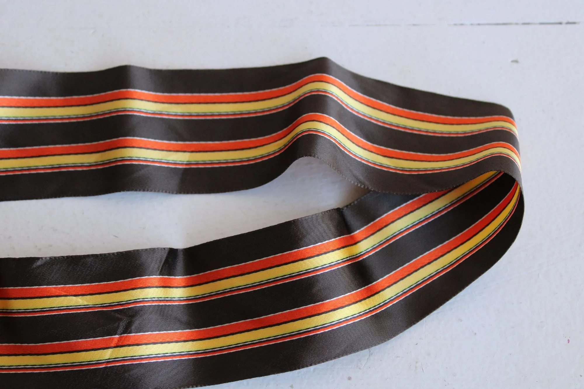 Vintage  Ribbon Trim, Brown, Orange Yellow Striped, 3 yards long, 2 Inch Wide