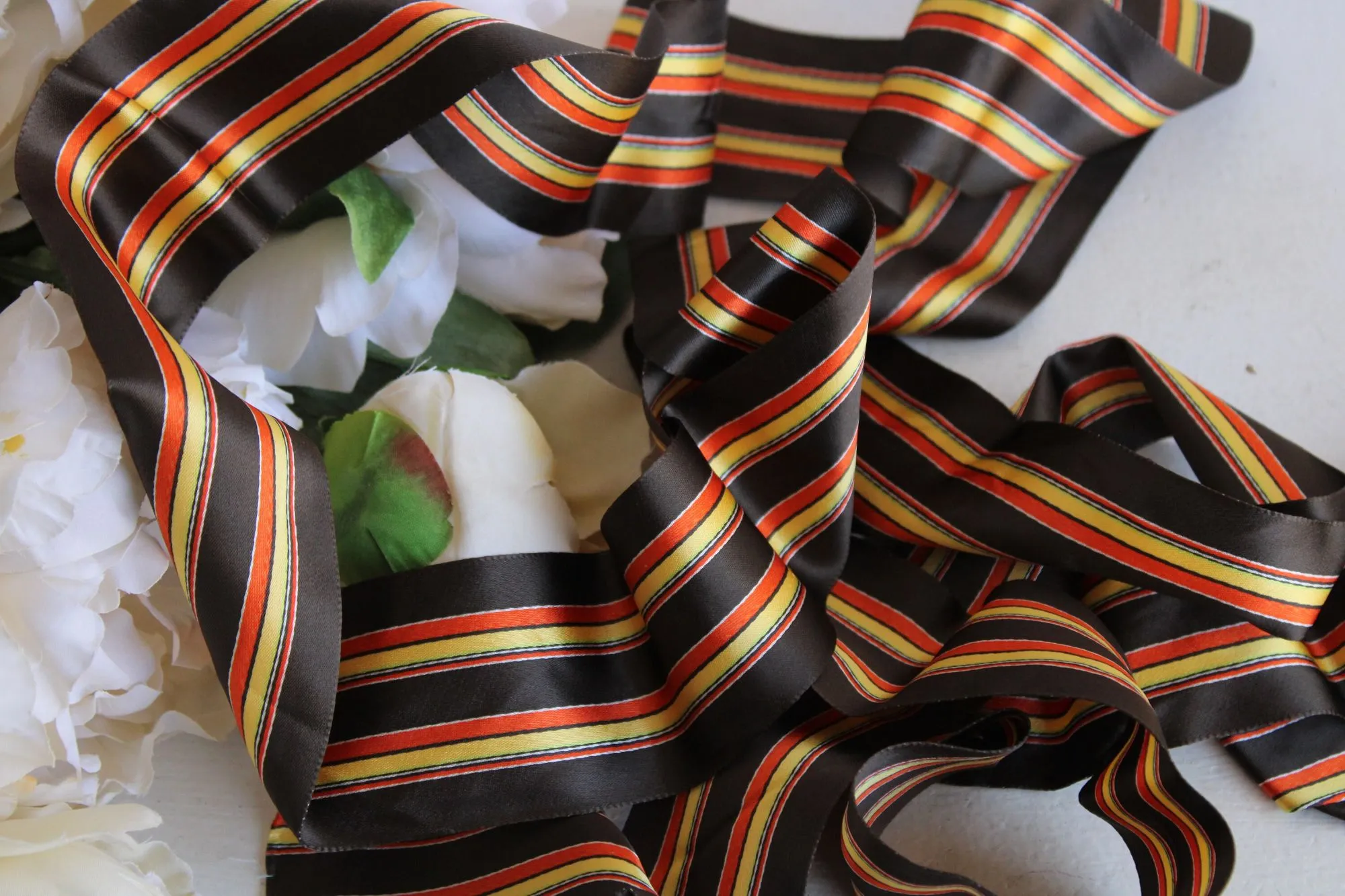 Vintage  Ribbon Trim, Brown, Orange Yellow Striped, 3 yards long, 2 Inch Wide