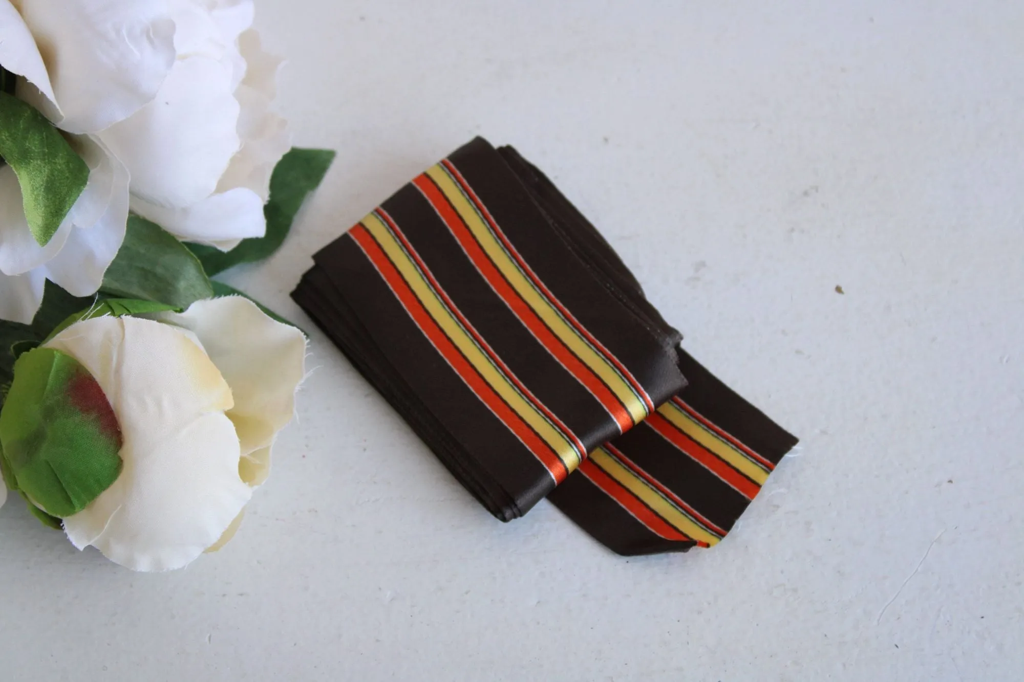 Vintage  Ribbon Trim, Brown, Orange Yellow Striped, 3 yards long, 2 Inch Wide