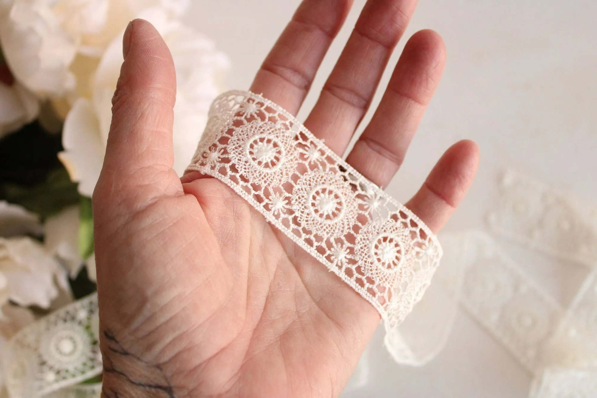 Vintage Winter White Lace Trim, 66" Piece , 1.5" Wide, Sewing or Crafting